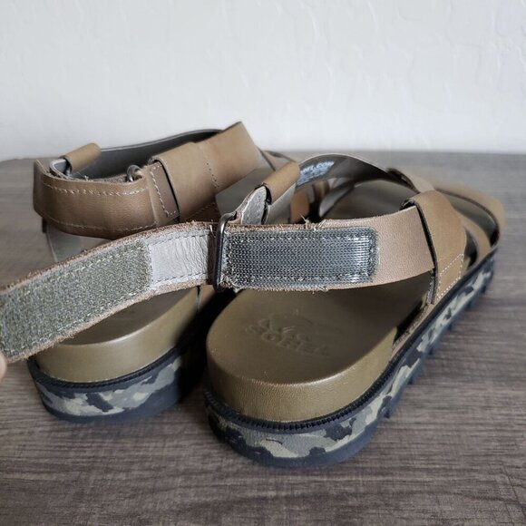 Sorel Roaming Criss Cross Leather Sandals Sage Camo Green Size 9 Sporty Strappy - Picture 13 of 13